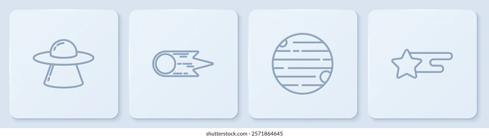 Set line UFO flying spaceship, Planet, Comet falling down fast and Falling star. White square button. Vector