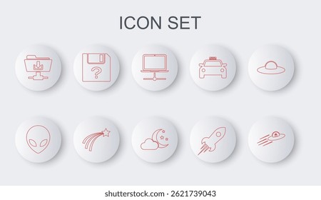 Set line UFO flying spaceship and alien, Alien, Computer network, Rocket with fire, FTP folder download, Unknown document, Falling star and Cloud moon stars icon. Vector