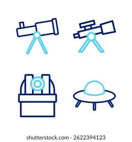 Set line UFO flying spaceship, Astronomical observatory, Telescope and  icon. Vector