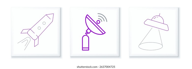 Set line UFO flying spaceship, Rocket with fire and Radar icon. Vector