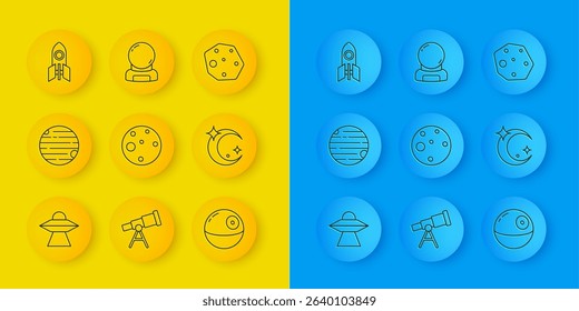 Set line UFO flying spaceship, Planet, Mars, Death star, Moon and stars, Rocket, Asteroid and Astronaut helmet icon. Vector