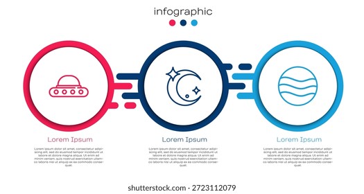 Set line UFO flying spaceship, Moon and stars and Planet. Business infographic template. Vector