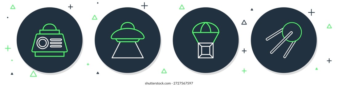 Set line UFO flying spaceship, Box on parachute, Space capsule and Satellite icon. Vector