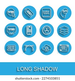 Set line UI or UX design, Bezier curve, Web and graphic, Cloud computing lock, Mobile Apps, Layers and RGB CMYK color mixing icon. Vector