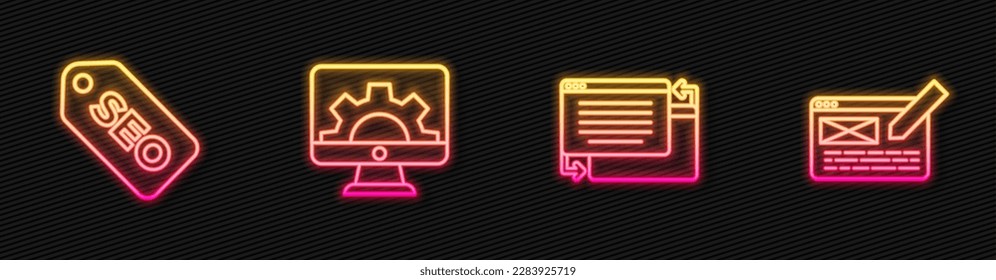 Set line UI or UX design, SEO optimization, Web development and . Glowing neon icon. Vector
