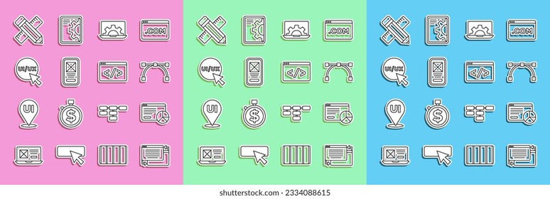 Set line UI or UX design, Website statistic, Bezier curve, development, Crossed ruler and pencil and Front end icon. Vector