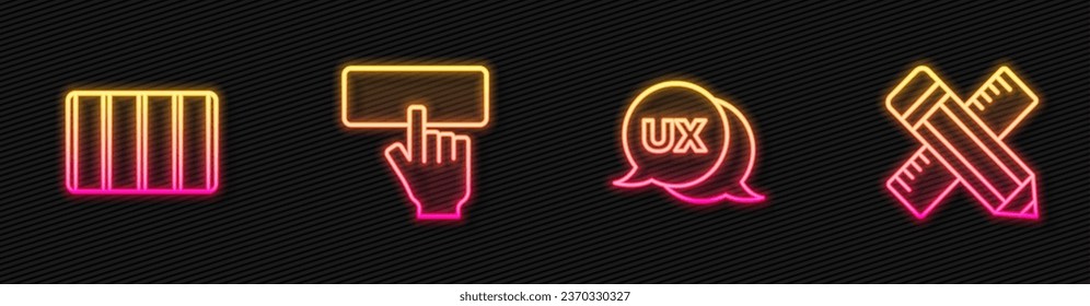 Establece el diseño de la interfaz de usuario de línea o UX, la guía de la paleta de colores, la regla y el lápiz de teclado y cruzado. Icono de neón brillante. Vector