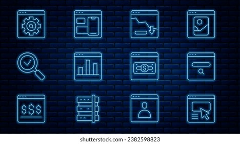 Set line UI or UX design, Graph chart infographic, Magnifying glass with check mark, Browser setting, Online shopping on screen and Web developer programming code icon. Vector