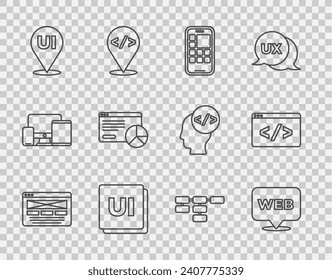 Establece el diseño de la interfaz de usuario de línea o UX, web y gráfico, aplicaciones móviles, estadísticas del sitio web, mapa del sitio e icono de desarrollo de front-end. Vector