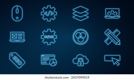 Diseño de UI o UX de línea, Regla cruzada y lápiz, Capas, Ratón de ordenador, Mezcla de colores RGB CMYK e icono de desarrollo de Front End. Vector