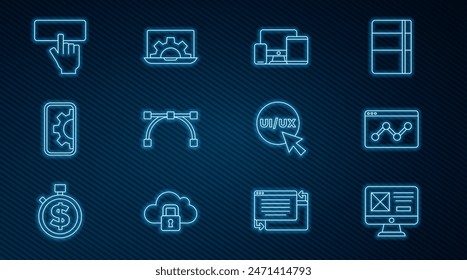 Establecer el diseño de la interfaz de usuario o UX de línea, estadística de Sitio web, monitor, móvil, tableta, curva Bezier, desarrollo, teclado e ícono. Vector
