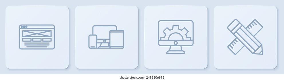 Set line UI or UX design, Web development, Monitor, mobile, tablet and Crossed ruler and pencil. White square button. Vector