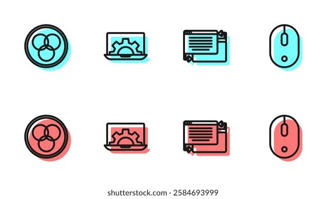 Set line UI or UX design, RGB and CMYK color mixing, Web development and Computer mouse icon. Vector