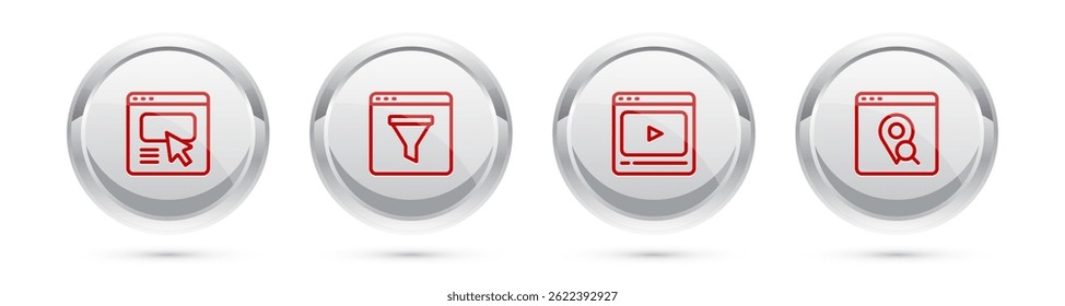Defina o design da UI ou UX da linha, a janela do navegador, o vídeo de reprodução online e o Infográfico do mapa da cidade. Botão círculo prateado. Vetor