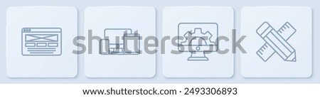 Set line UI or UX design, Web development, Monitor, mobile, tablet and Crossed ruler and pencil. White square button. Vector