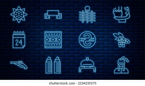 Set line Ukrainian cossack, Branch viburnum, Wicker fence, ethnic pattern, Independence day of Ukraine, Sunflower, hryvnia and Embroidered towel icon. Vector
