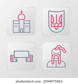 Set line Ukrainian cossack, Embroidered towel, trident and Church building icon. Vector