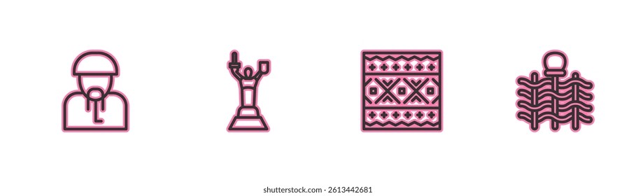 Set line Ukrainian cossack, ethnic pattern, Mother Motherland monument and Wicker fence icon. Vector