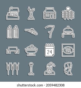 Set line Ukrainian cossack, Flag of Ukraine, Bread and salt, house, Vintage pistols, Two towers Dnipro,  and Scythe icon. Vector