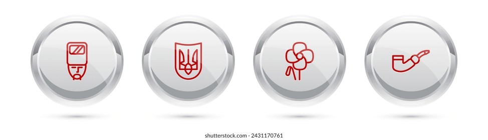 Set line Ukrainian cossack, trident, Poppy flower and Smoking pipe. Silver circle button. Vector