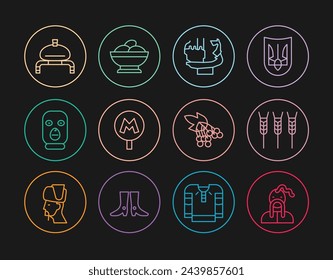 Set line Ukrainischer Kosack, Weizen, Denkmal für die Gründer von Kiew, Metro oder U-Bahn, Dieb Maske, Brot und Salz, Zweig Viburnum und Varenyky Schüssel Ikone. Vektor