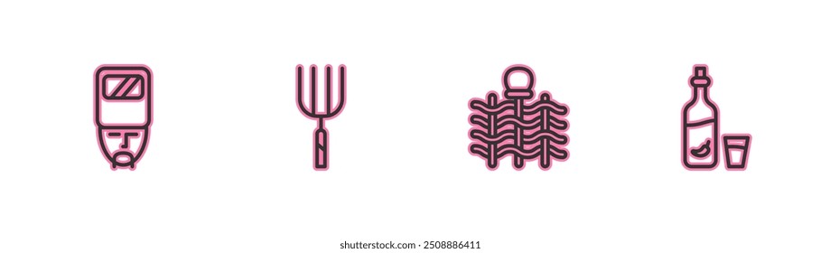 Set line Ukrainian cossack, Wicker fence, Garden pitchfork and Vodka with pepper and glass icon. Vector