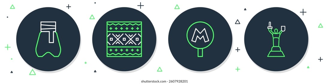 Set line Ukrainian ethnic pattern, Metro or Underground, Cossack pants and Mother Motherland monument icon. Vector