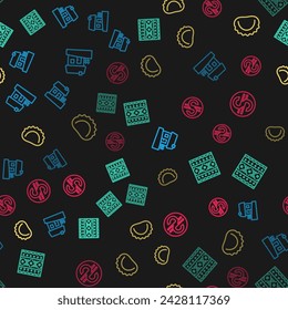 Set line Ukrainian house, ethnic pattern, Dumplings and hryvnia on seamless pattern. Vector