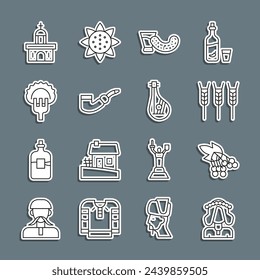 Set line Ukrainian woman, Branch viburnum, Wheat, Glass with vodka, Smoking pipe, Dumplings on fork, Church building and Bandura icon. Vector