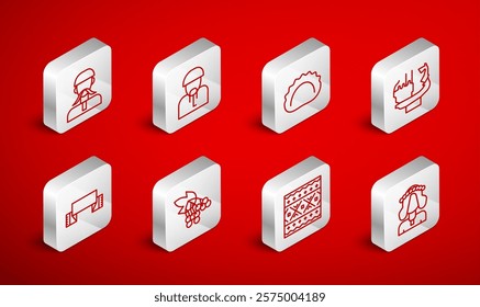 Set line Ukrainian woman, cossack, Dumplings, Monument to founders of Kiev, ethnic pattern, Branch viburnum and Embroidered towel icon. Vector