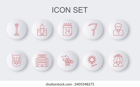 Set line Ukrainian woman, trident, Independence day of Ukraine, Sunflower, Monument, Church building, Hotel Ukraina and Branch viburnum icon. Vector