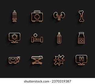 Set line Ultrasound, Stretcher, Syringe, Joint pain, knee pain, Location hospital, Hospital bed, Medicine bottle and pills and Medical thermometer icon. Vector