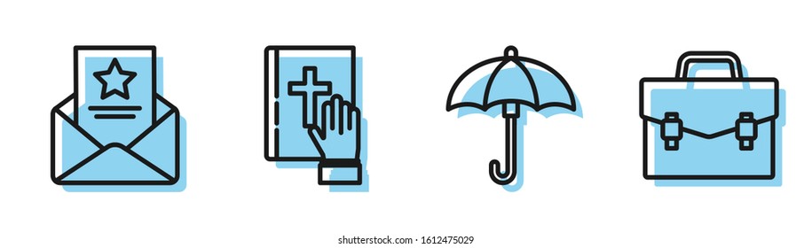 Set line Umbrella, The arrest warrant, Oath on the Holy Bible and Briefcase icon. Vector