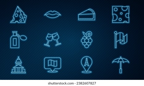 Set line Umbrella for beach, Flag France, Cherry cheesecake slice, Wine glass, Perfume, Cheese, Grape fruit and Smiling lips icon. Vector