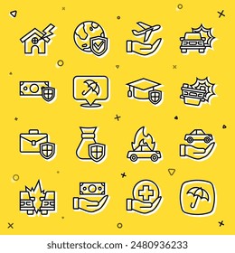 Set line Umbrella, Car insurance, accident, Plane hand, Money with shield, House lightning and Graduation cap icon. Vector