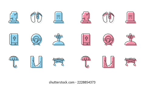 Set line Umbrella, Cemetery digged grave hole, Old with tombstone, Dead body in the morgue, Memorial wreath, Grave cross, Holy bible book and  icon. Vector