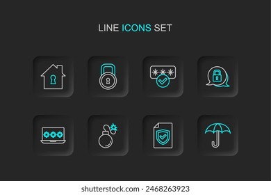 Set line Umbrella, Contract with shield, Bomb, Laptop password, Lock, Password protection,  and House under icon. Vector