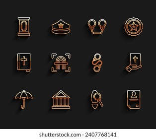 Set line Umbrella, Courthouse building, Stage stand or debate podium rostrum, Magnifying glass with footsteps, Identification badge, Fingerprint, Oath the Holy Bible and Handcuffs icon. Vector