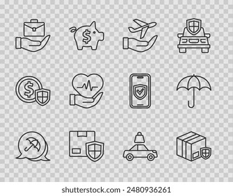 Set line Umbrella, Delivery security with shield, Plane in hand, Hand holding briefcase, Life insurance, Car and  icon. Vector