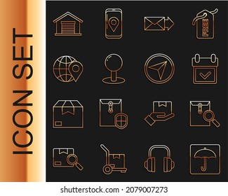 Set line Umbrella, Envelope with magnifying glass, Calendar check mark, Push pin, Location on the globe, Warehouse and Infographic of city map navigation icon. Vector