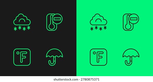 Set line Umbrella, Fahrenheit, Cloud with snow and Thermometer icon. Vector