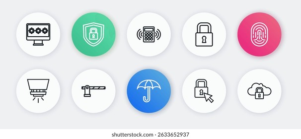 Set line Umbrella, Fingerprint, Fire sprinkler system, Lock, Security keypad access panel, Cloud computing lock and Parking car barrier icon. Vector