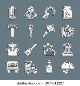 Set line Umbrella, Graduate and graduation cap, Spider, Sickle, Shovel, Garden rake, Thermometer and Kite icon. Vector