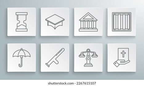 Fijar el paraguas, el gorro de graduación, el bastón de goma de la policía, las escalas de justicia, jurar la sagrada Biblia, el edificio de la corte, la ventana de la prisión y el ícono de vidrio viejo. Vector