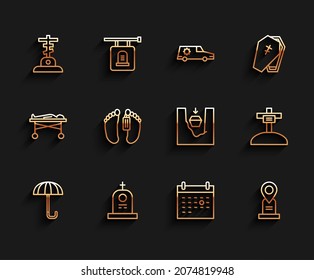 Set Line Umbrella, Grave With Tombstone, Cross, Calendar Death, Location Grave, Dead Body,  And Coffin In Icon. Vector