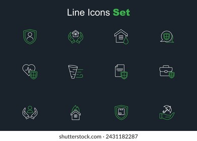 Set line Umbrella in hand, Delivery security with shield, Fire burning house, Life insurance, Briefcase, Contract, Tornado and  icon. Vector