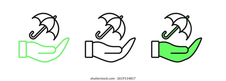 Set line Umbrella in hand icon isolated on white background. Insurance concept. Waterproof icon. Protection, safety, security concept.  Vector