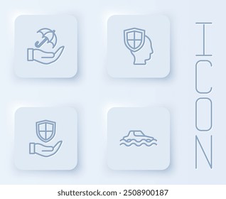 Set line Umbrella in hand, Life insurance with shield, Shield and Flood car. White square button. Vector