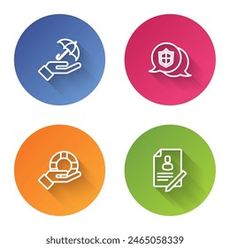 Set line Umbrella in hand, Location shield, Lifebuoy and Document with. Color circle button. Vector