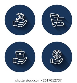Set line Umbrella in hand, Tornado, Hand holding briefcase and Money with shield with long shadow. Blue circle button. Vector